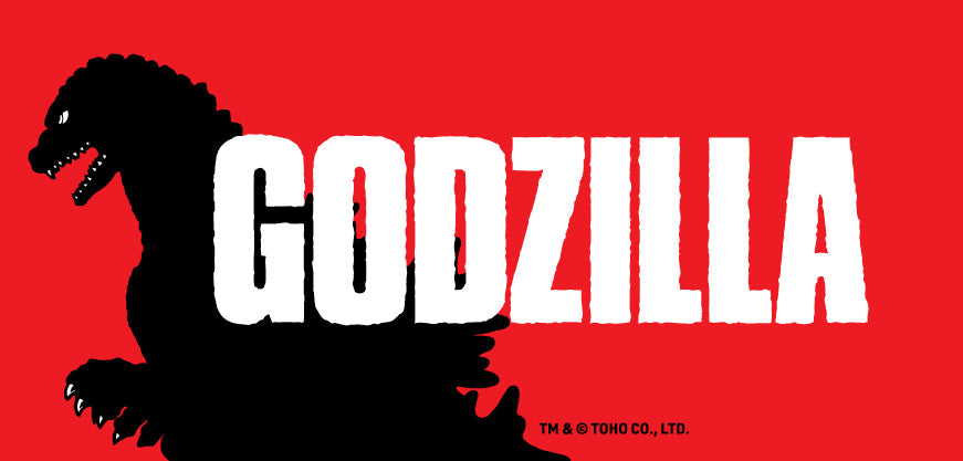Black silhouette of Godzilla with 'GODZILLA' text on a red background